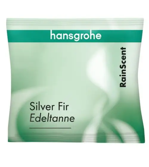 Packung mit RainScent "Silver Fir" Duft von Hansgrohe, grüne und weiße Farbgestaltung, für eine frische und angenehme Raumluft.